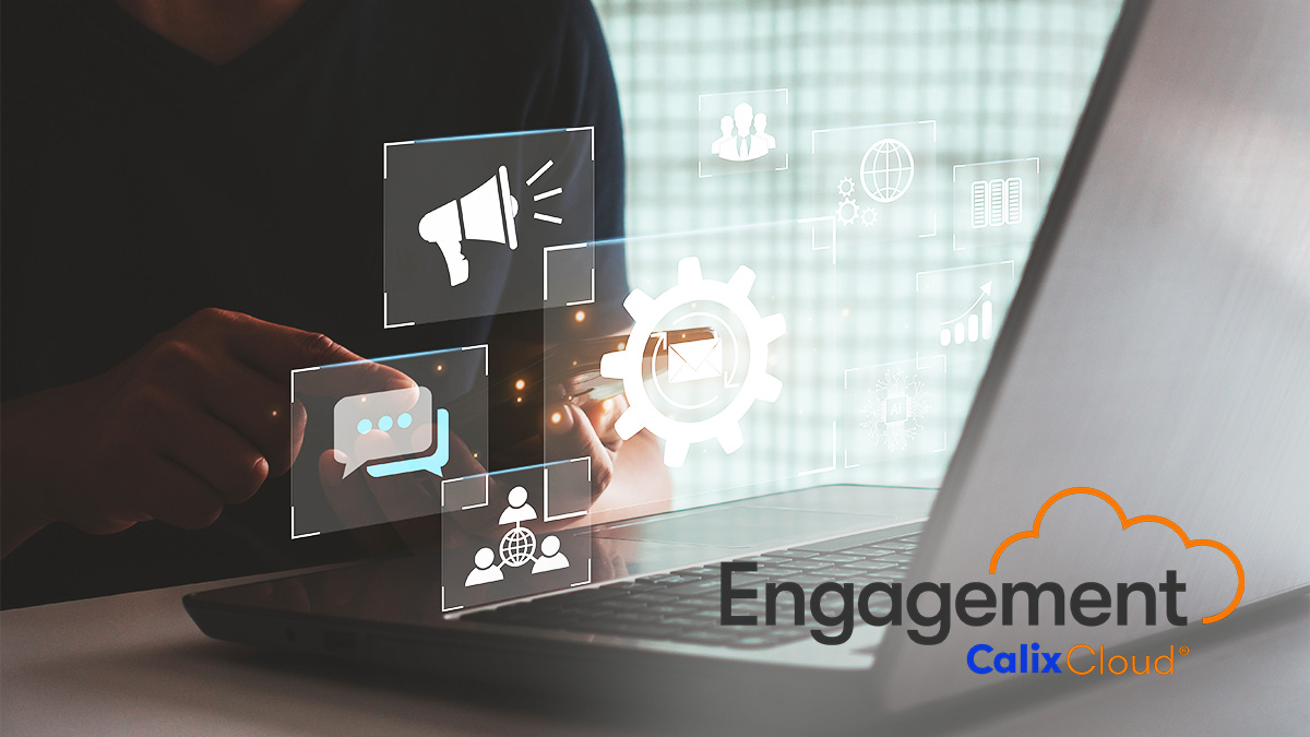Worker with laptop and Calix Engagement Cloud logo