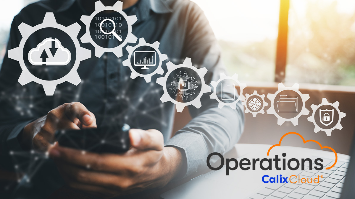 Worker with laptop and Calix Operations Cloud logo