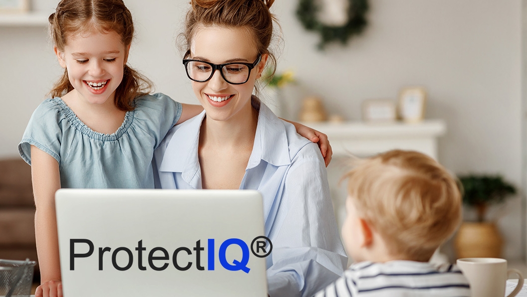 Mother with children and laptopMother with children and laptop and ProtectIQ logo