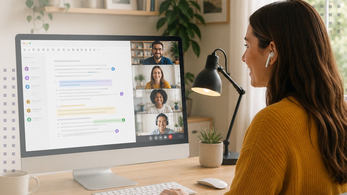 A woman sits at a desk working on a large desktop computer in a home office. The screen shows a video conference with multiple participants alongside a colorful document or project timeline. The room is warmly lit with plants, shelves, and stationery creating a comfortable remote work environment. The word "Calix" appears in the upper left corner, and a blue banner labeled "PRESS RELEASE" is displayed in the lower left.