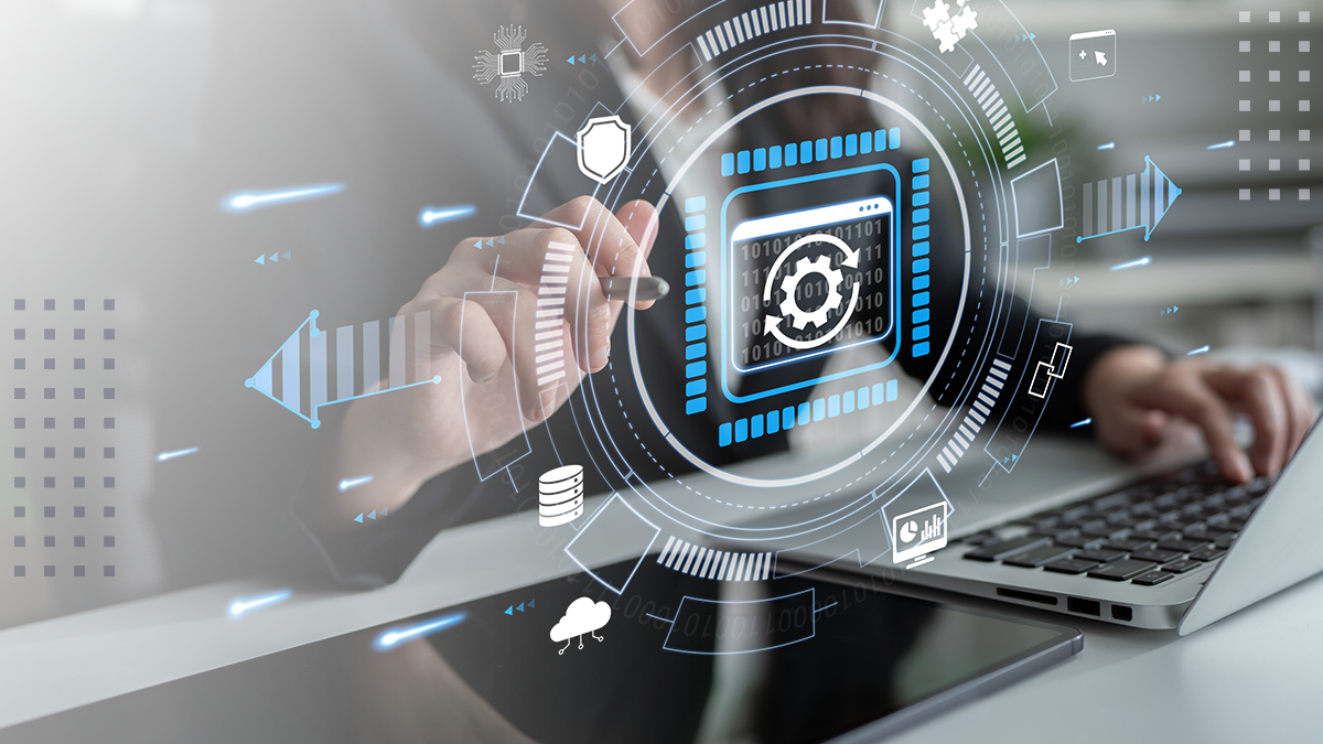 An image of a person using a laptop with abstract broadband network testing graphics overlaid