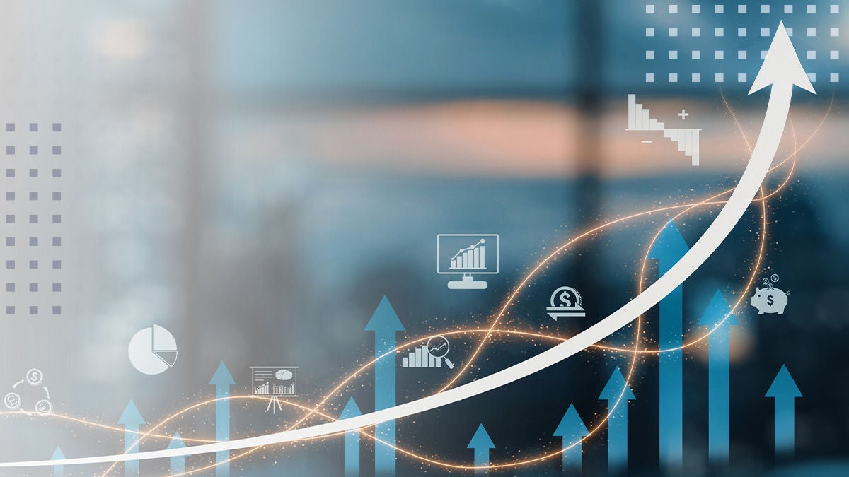 Abstract illustration featuring a large white arrow curving upward across the frame, symbolizing strong financial or business growth. Blue vertical bars and arrows in the background resemble bar charts and performance indicators. Small icons show graphs, pie charts, currency, and analytics, emphasizing data-driven success. A soft gradient background with bokeh light effects creates a modern, futuristic feel.