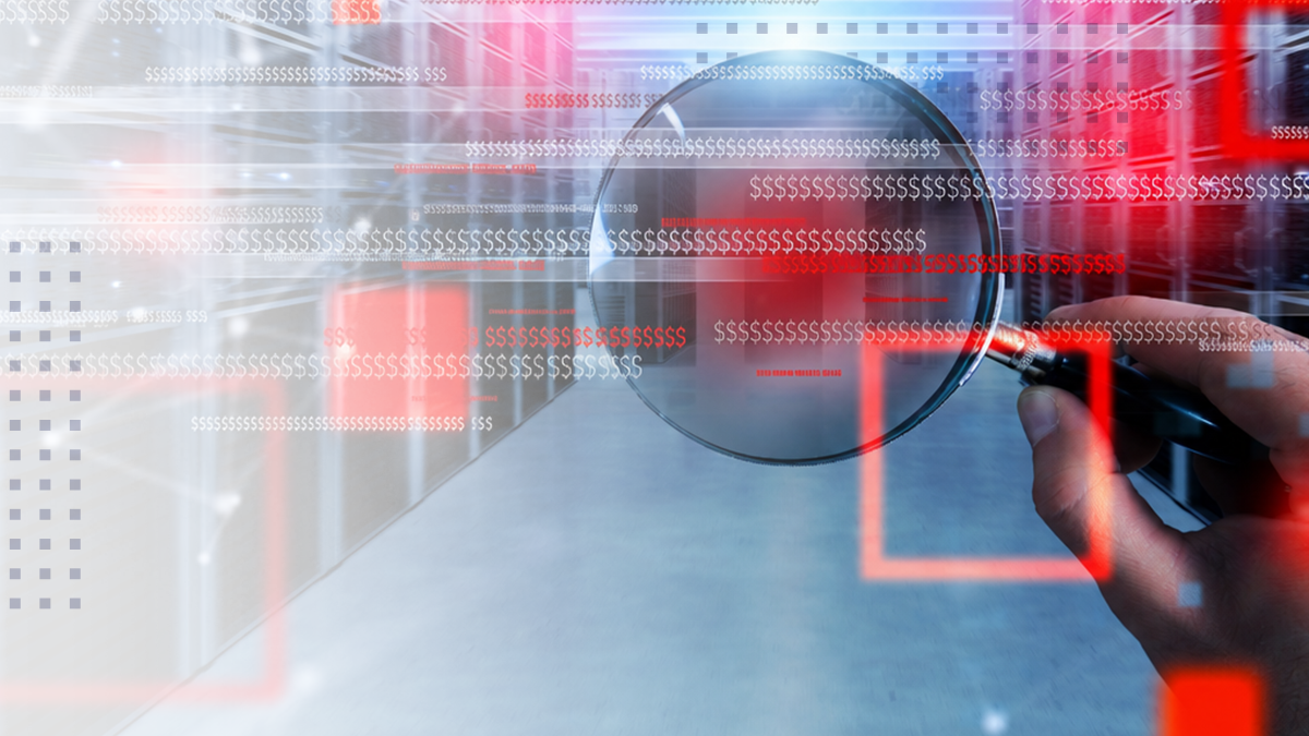 A hand holds a magnifying glass over a blurred, futuristic corridor filled with abstract digital elements
