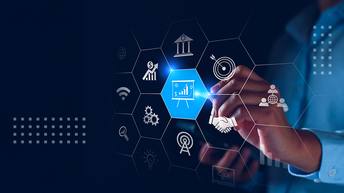 A person selecting abstract network and financial icons with a pen