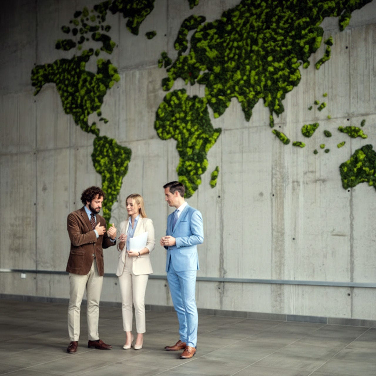 Business partners meeting with green global map behind them
