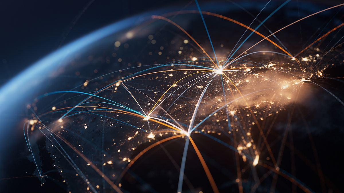Global network concept. Highly detailed 3d generated globe with glowing connection lines between big cities.
