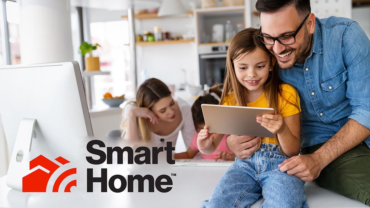 family with devices and SmartHome logo
