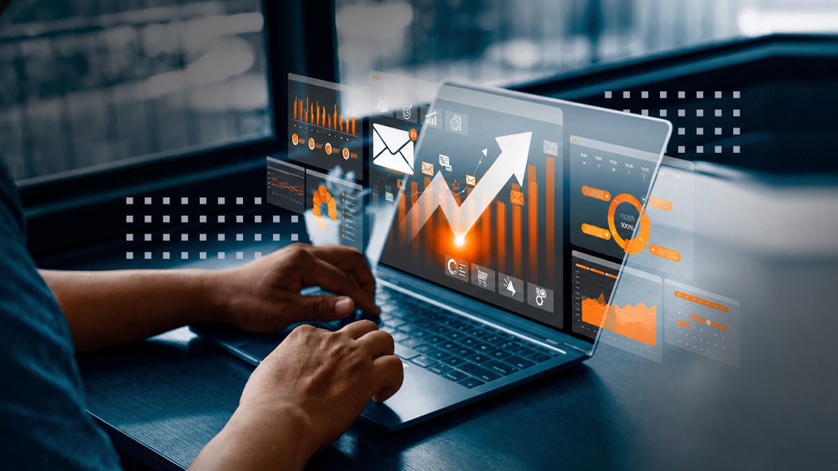 A person works on a laptop displaying data dashboards and an upward arrow chart. The scene is set indoors at a desk near a window, suggesting a modern digital workspace. The text 'Agent Workforce Cloud' appears at the top, while a blue 'PRESS RELEASE' banner stands out in the lower left. Additional interface icons and graphs emphasize analytics, communication, and cloud technology, with the name 'Calix' visible in the corner.