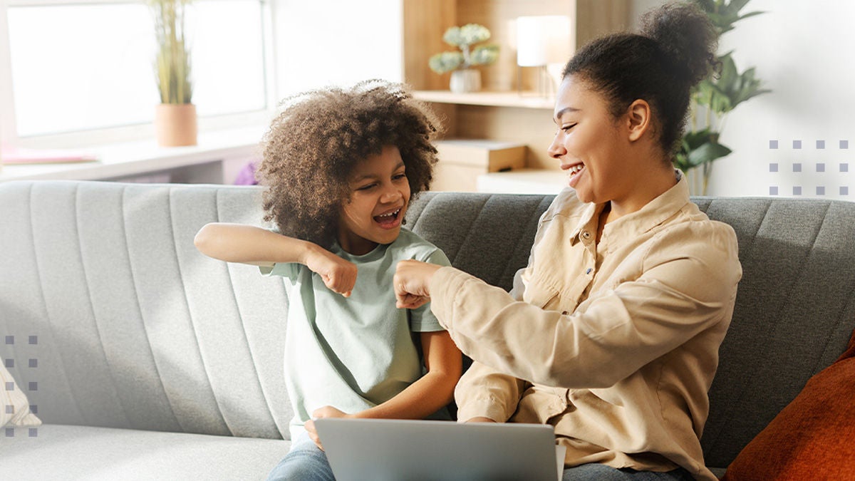 A smiling woman and child sit together on a couch, bumping elbows in celebration while using a laptop. The bright living room setting suggests a comfortable home environment with warm natural light. CalixOne and Tipmont names and icons appear in the upper corners, indicating a technology or service announcement. A bold blue banner with the words "PRESS RELEASE" emphasizes the corporate communication context.