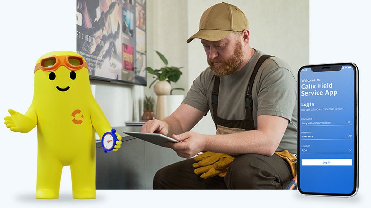 Field technician with field service app and animated AI agent next to him