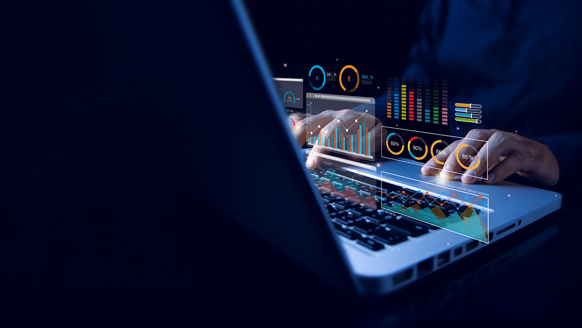 Man typing on a laptop in a dark room with abstract analytics graphs and icons overlaid