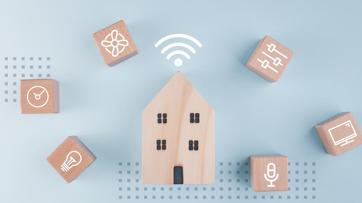 A wooden home surrounded by smarthome service icons