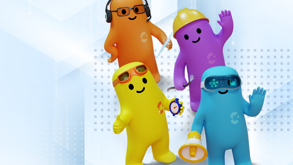 Four brightly colored cartoon characters pose together against a light tech-inspired background