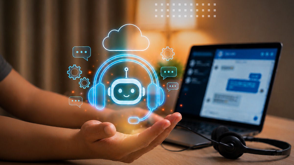 A glowing AI chatbot icon with headphones hovers above a person's open hands, symbolizing digital customer support. In the background, a laptop screen shows a messaging interface next to a headset on the desk, suggesting online communication and remote assistance. The CalixOne and RTC Networks names appear at the top, while a blue banner labeled PRESS RELEASE highlights the announcement context. The overall scene conveys modern cloud-based service, innovation, and technology-driven engagement.