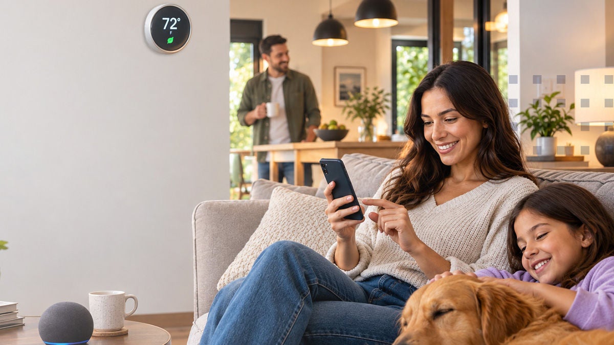A woman and child relax on a couch with a dog while using a smartphone in a bright living room. A man stands in the background near the kitchen, suggesting a comfortable home environment. The image features the SmartLife name, the prpl name, and a circular thermostat display showing 72°. A blue banner with the words PRESS RELEASE appears in the lower left corner, emphasizing a corporate announcement.