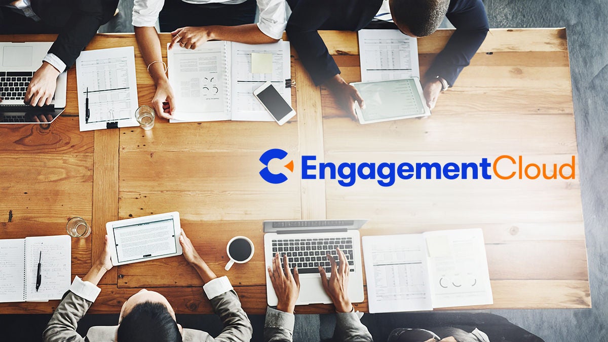 Engagement cloud logo and abstract marketer with laptop