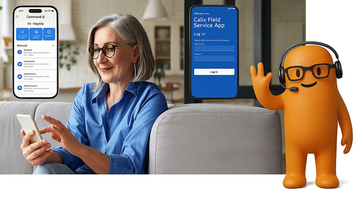Broadband subscriber at home with overlay of Calix Field Service app and abstract image of a friendly AI agent
