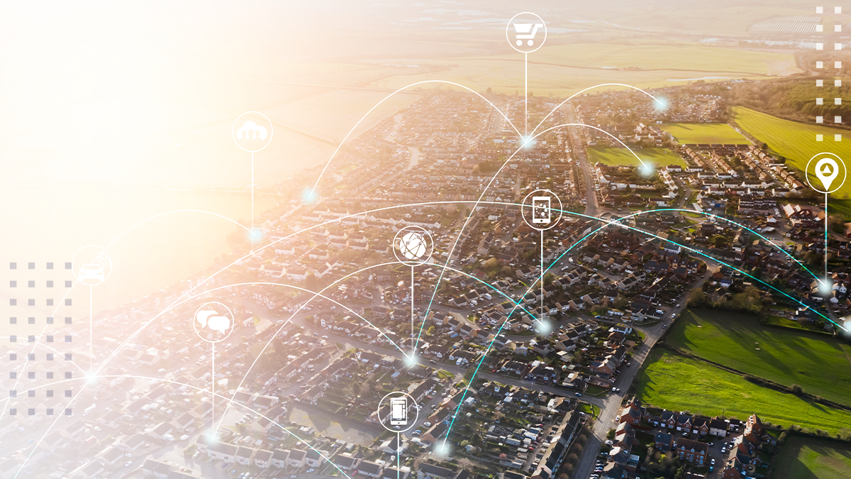 Smart city, internet of thing hosing urban masterplan sunset big data network connections