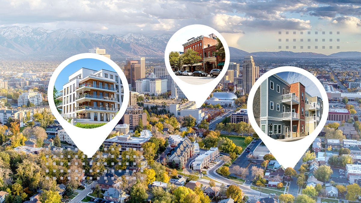 Urban cityscape with real estate location markers