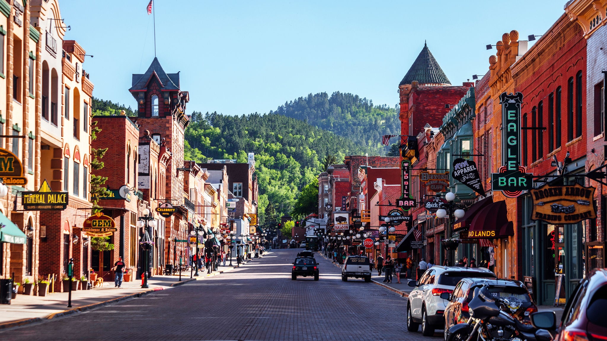 main street with green mountain behind