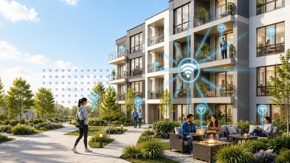 A contemporary apartment complex features multiple balconies overlooking a landscaped courtyard. Digital Wi-Fi icons are overlaid around the building and outdoor seating area, suggesting strong wireless connectivity throughout the property. Residents relax on patio furniture, walk along pathways, and stand on balconies, enjoying the communal outdoor space. The scene is bright and sunny, with green trees, shrubs, and a clean, modern architectural style.