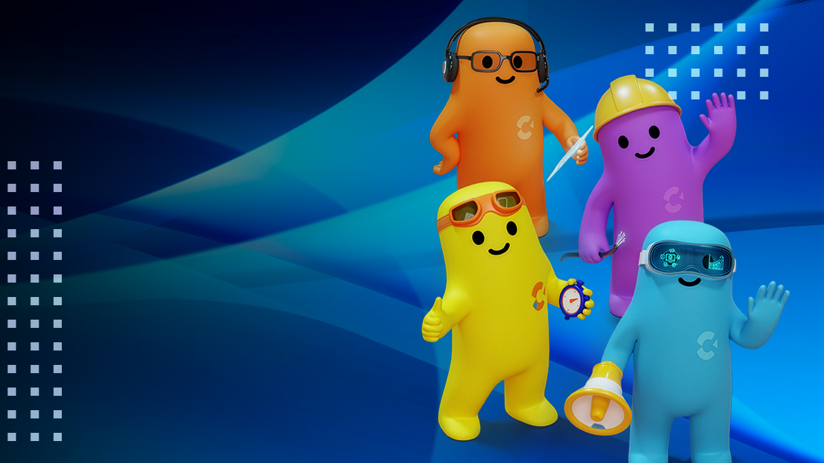 Four brightly colored cartoon characters stand together against a dynamic blue abstract background