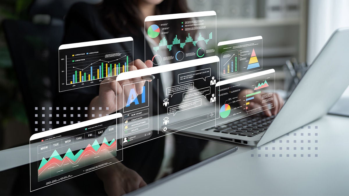 A business professional interacts with multiple floating digital dashboards displaying charts, graphs, and analytics in a modern office setting. The visuals include bar graphs, pie charts, and line graphs with various data points and colorful infographics. The scene conveys a high-tech, analytical mood with a focus on data-driven decision making. A laptop is visible, emphasizing a digital workspace.