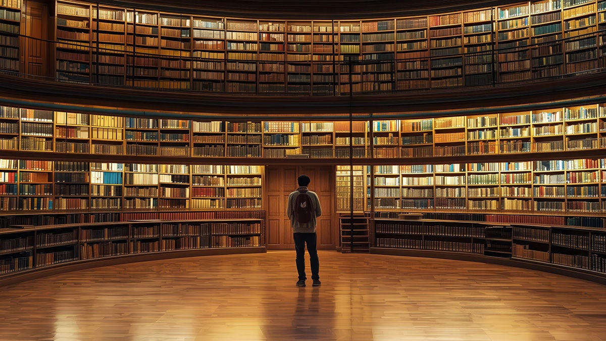A person stands at the center of a large, circular library