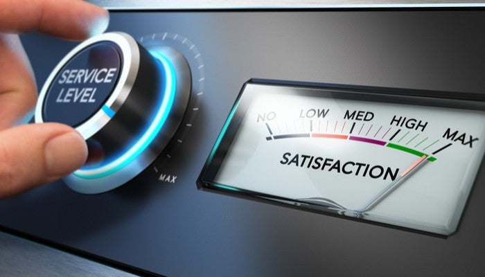 Hand turning a service level knob up to the maximum with a dial where it is written the word satisfaction. Concept image for illustration of Key Performance Indicator