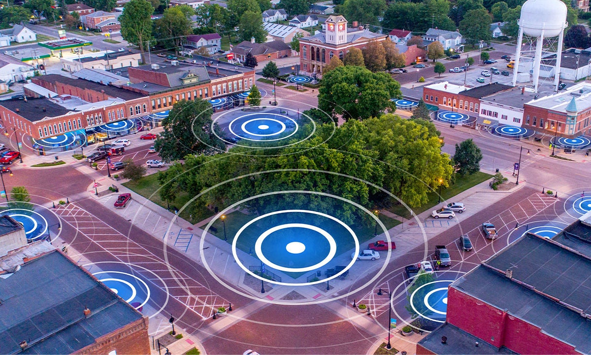 town square with abstract wifi symbols