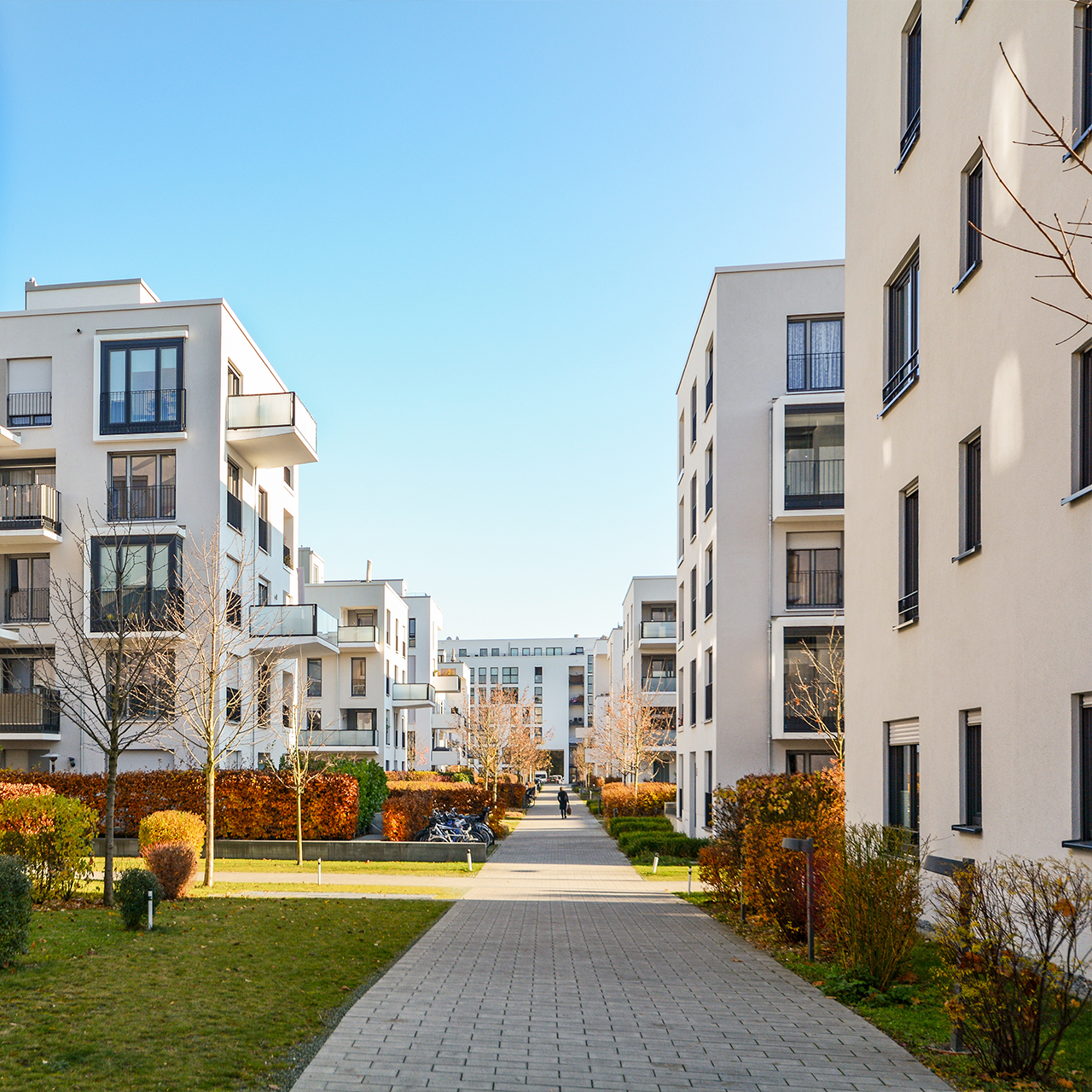 Modern apartment buildings in a green residential area in the city
