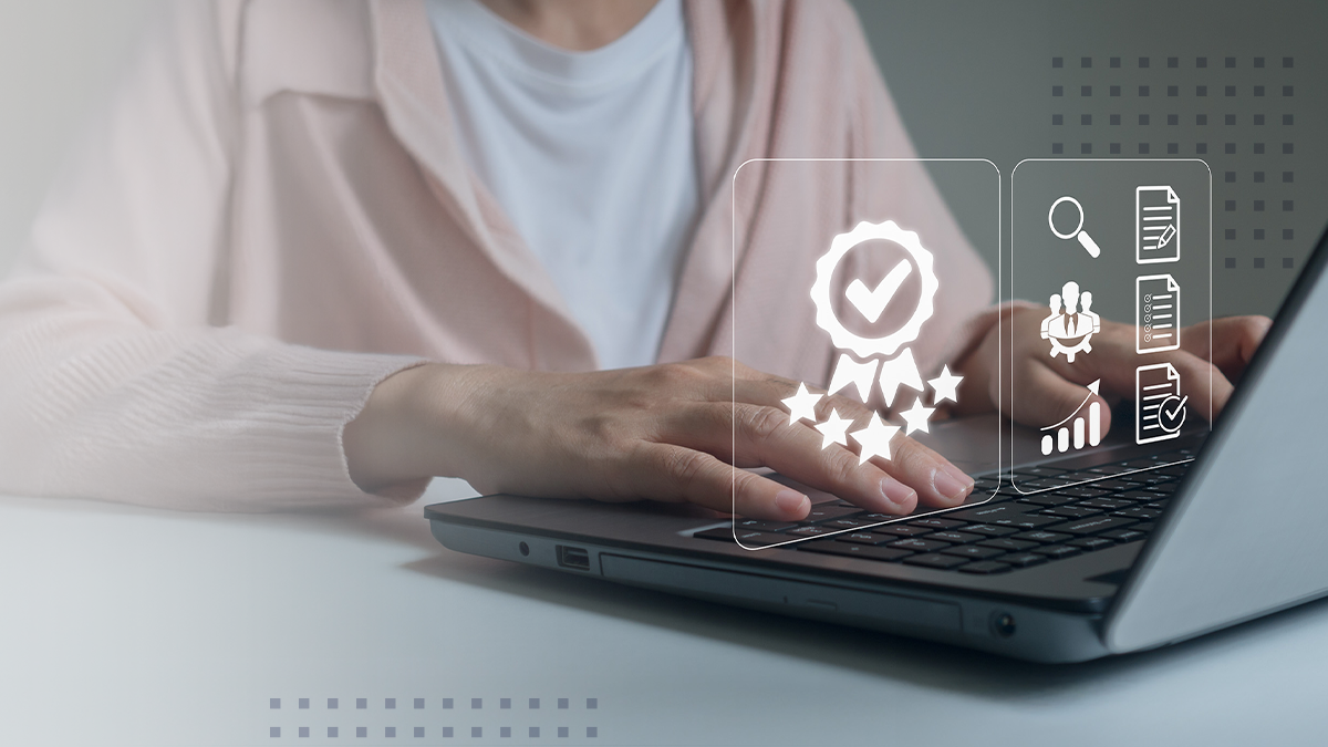 A woman using a laptop with abstract customer service rating and document testing icons overlaid