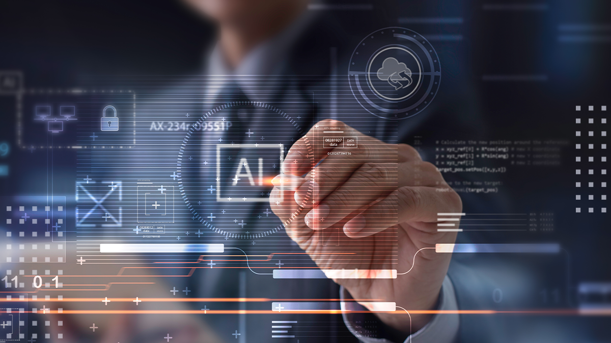 A man using AI-driven marketing technology with abstract security and AI symbols overlaid