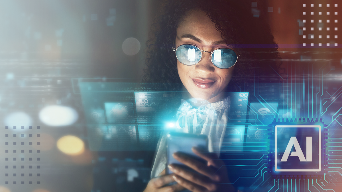 A young woman wearing reflective sunglasses looks at her smartphone while surrounded by a digital interface