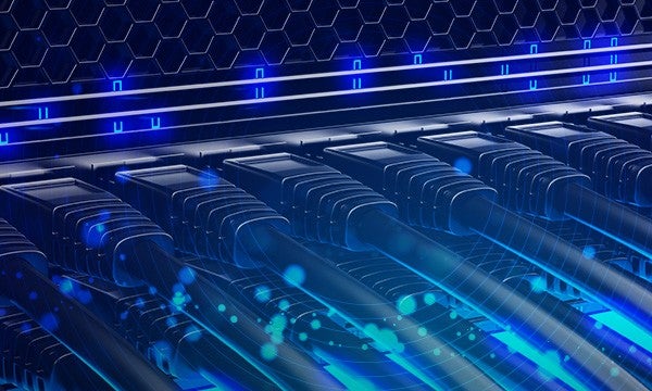 Network server panel, switch and patch cord cable in data center