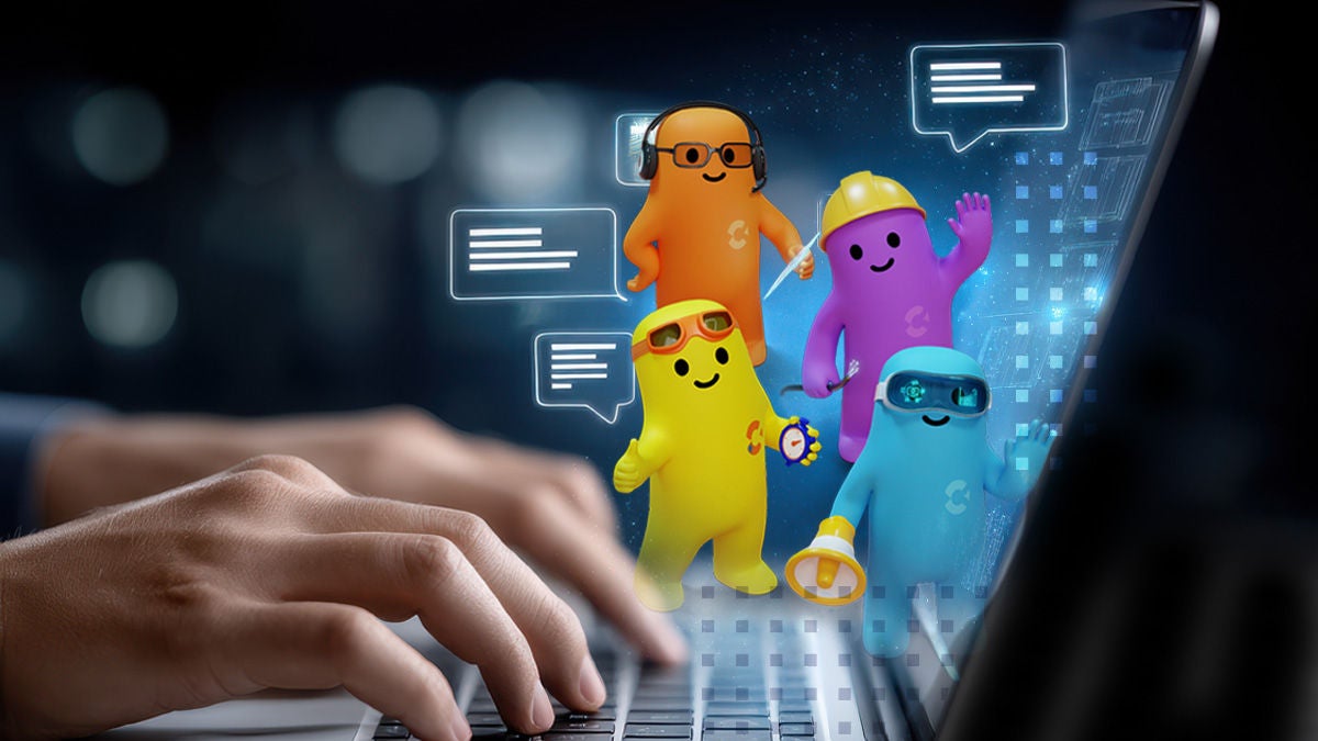 A person types on a laptop keyboard while four colorful cartoon characters appear above the screen. The characters are yellow, orange, purple, and blue, each wearing different accessories such as glasses, a hard hat, and goggles. Speech bubbles and digital interface elements float around them, suggesting online communication or collaboration. The scene combines real hands and computer hardware with playful 3D-style mascots in a futuristic, tech-focused setting.