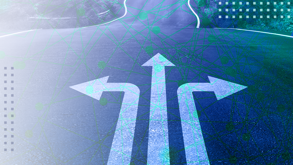 Conceptual illustration shows a road splitting into several arrows pointing forward, symbolizing multiple strategic path