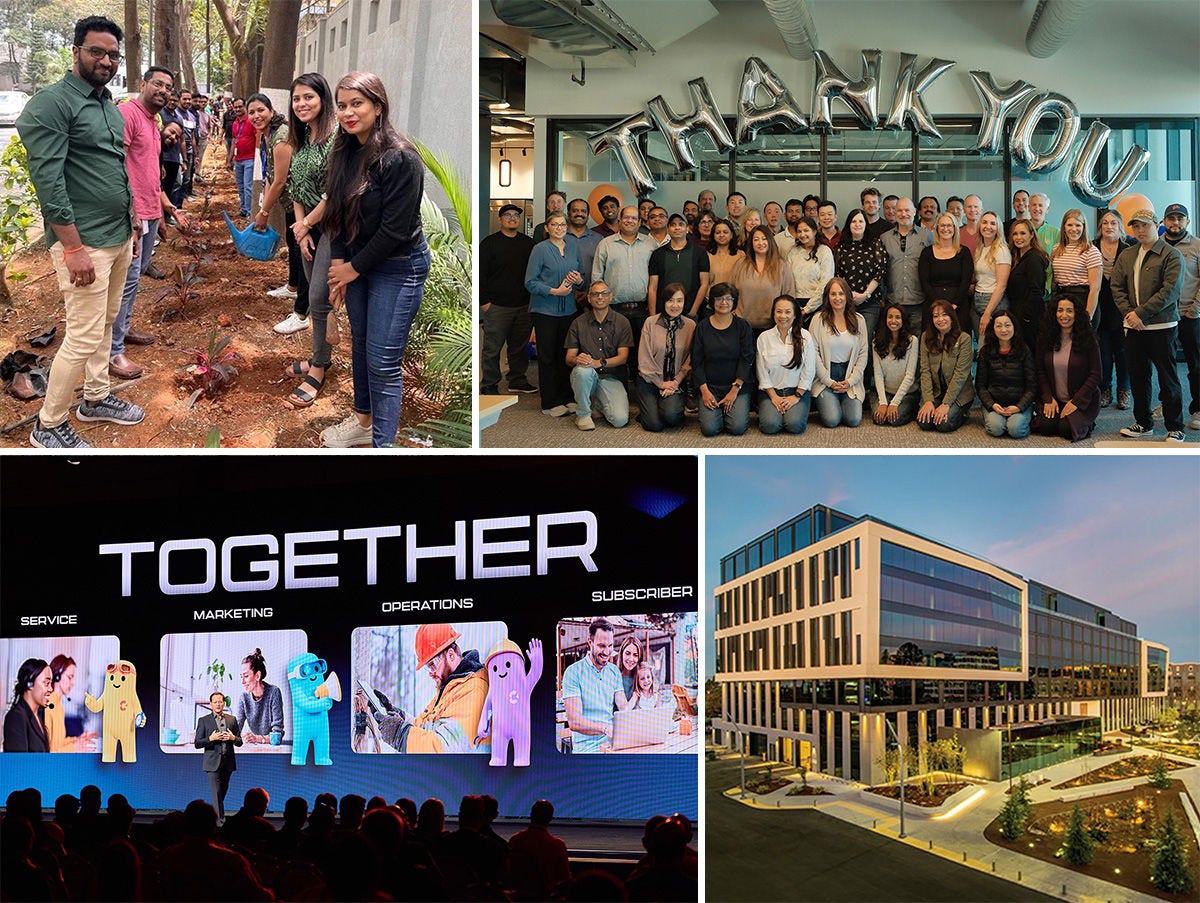 Montage of Calix employees, Calix headquarters, and keynote at Calix ConneXions event 