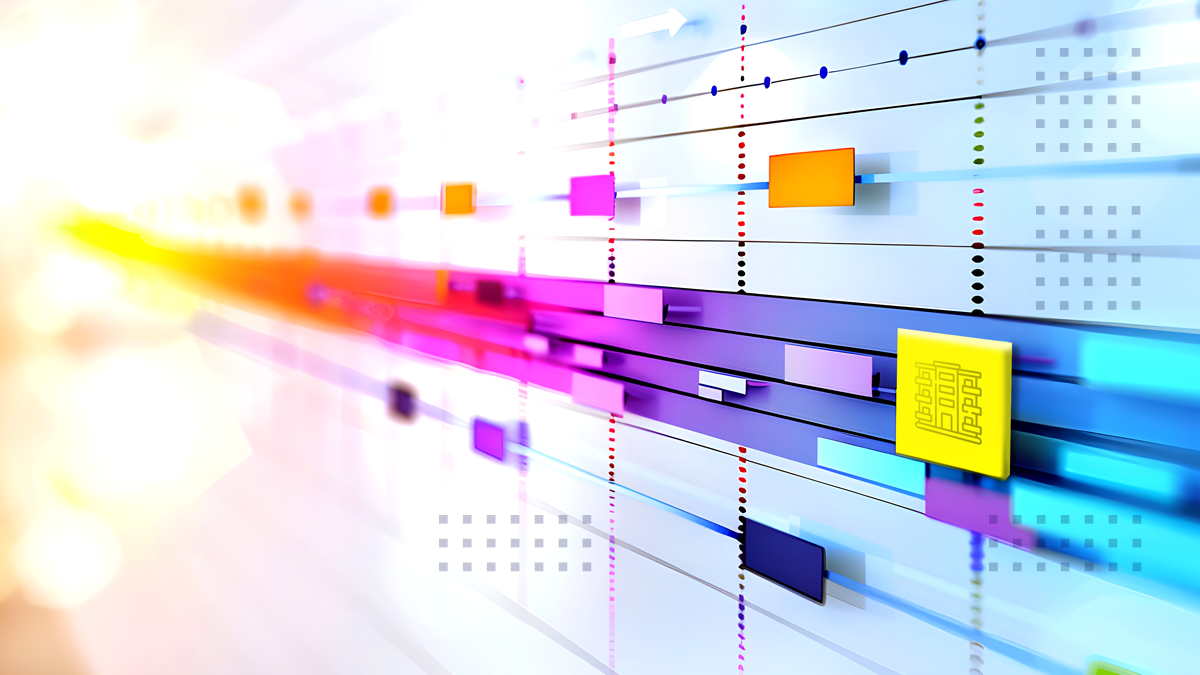 Abstract colorful lines and rectangular blocks flow diagonally across a bright background, suggesting dynamic data streams or digital connections