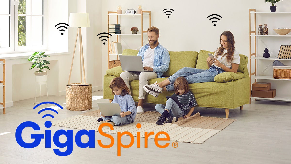Family on wifi and Gigaspire logo