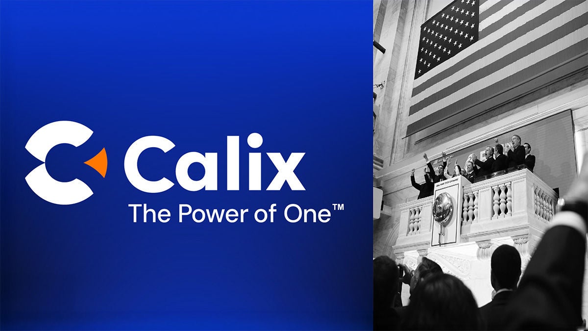 Calix logo with "The Power of One" tagline and black and white image of New York Stock Exchange next to it