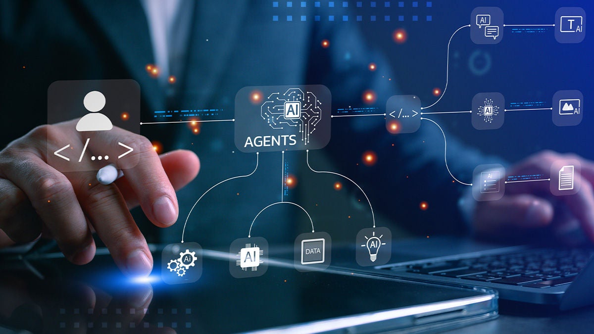 A businessman interacts with a digital tablet, triggering a holographic interface that visualizes AI agents and data connections. The futuristic screen shows icons for AI, data, and user profiles linked by glowing lines and nodes. The scene is set in a modern technology environment with a focus on automation, innovation, and digital transformation. Cool blue tones and light effects emphasize the high-tech, artificial intelligence theme.