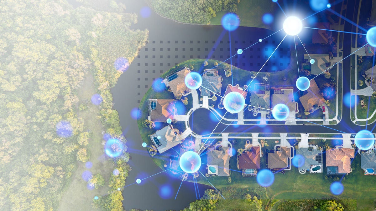 Aerial view of a suburban cul-de-sac neighborhood surrounded by trees and water. The image features a digital network overlay with glowing blue nodes and connecting lines, symbolizing smart technology or IoT connectivity. The setting is bright and modern, with a focus on innovation and connected living. No visible text or numbers are present in the image.