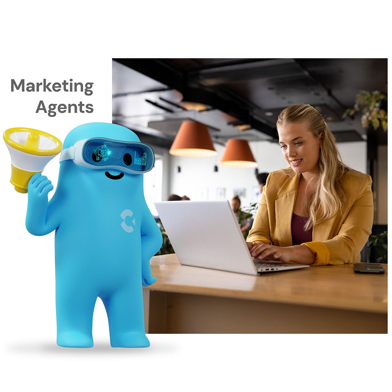 Marketing agent character from Calix AI Agent Workforce, working alongside a smiling marketer with laptop
