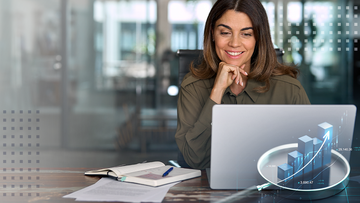 A smiling woman viewing KPIs on her laptop with an abstract upward trending graph overlaid