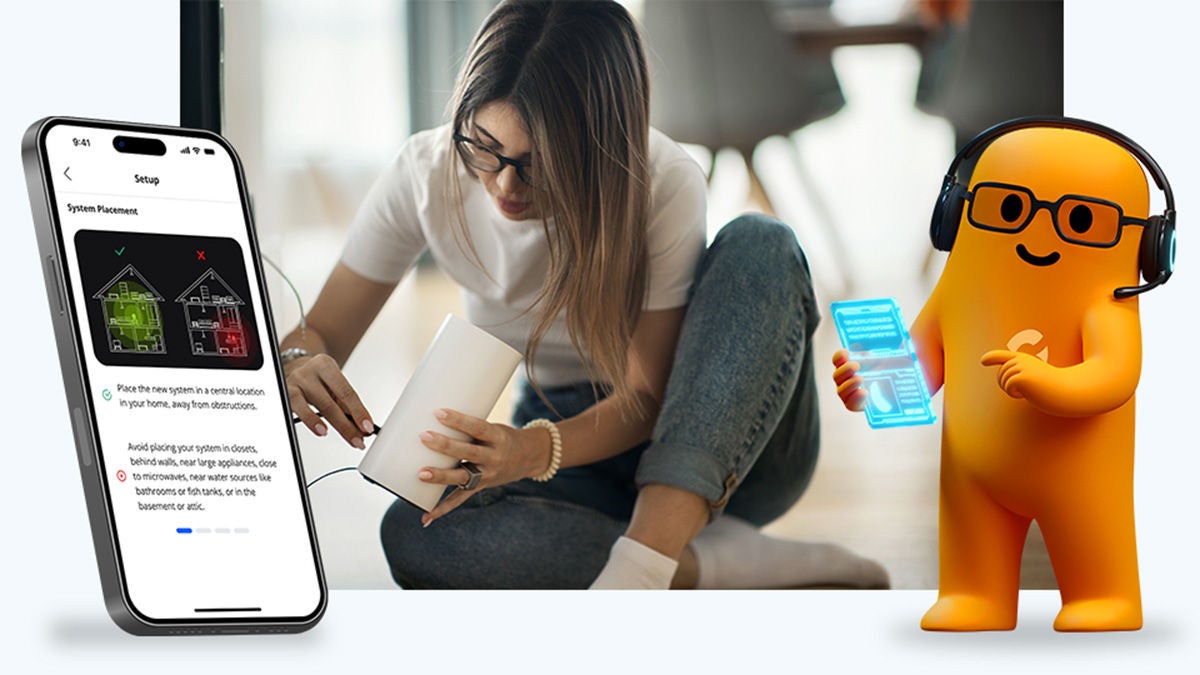 Subscriber at hime with app and animated AI agent next to her