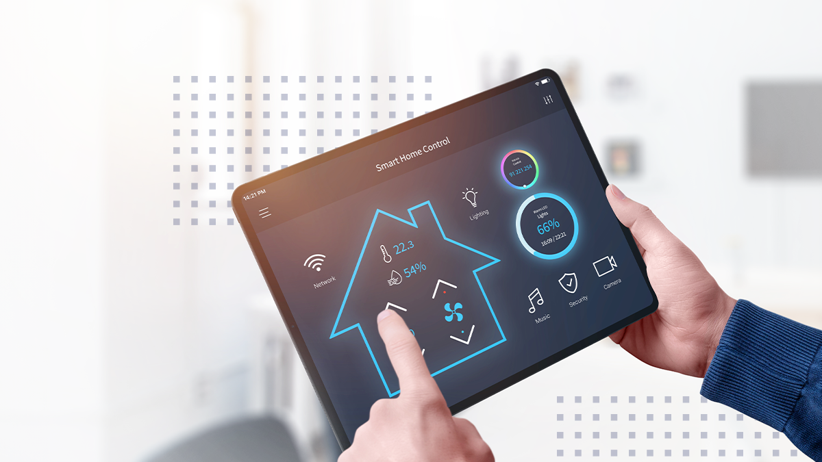 Smart home control system app on tablet display in man hands