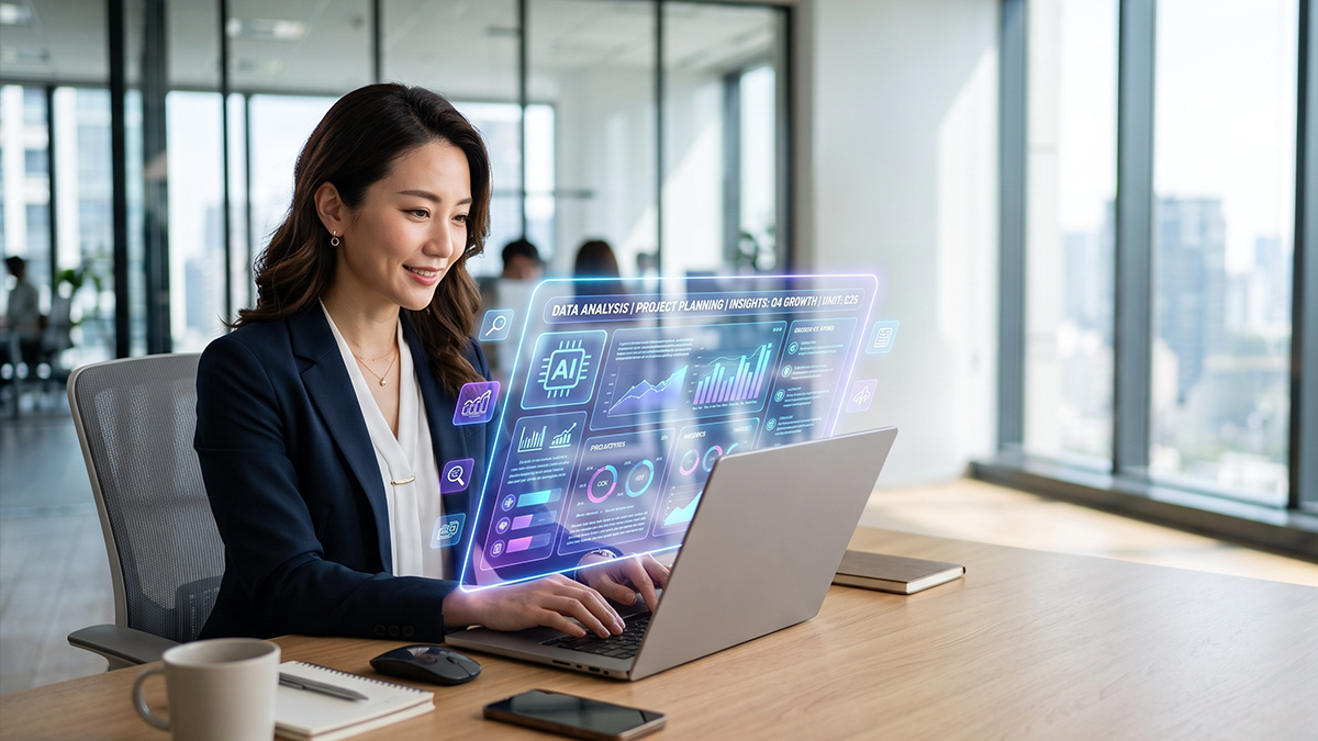 A professional woman sits at a desk working on a laptop in a modern office