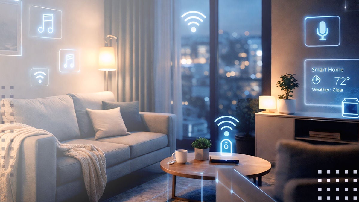 A contemporary living room is shown at night with multiple smart home icons floating in the air. The cozy space features a sofa, coffee table, and large windows overlooking a cityscape. Digital overlays indicate connected devices for music, lighting, security, and voice control. A wall display shows smart home status with weather marked as clear and an indoor temperature reading of 72°.