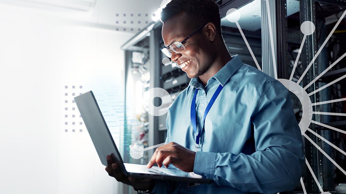 28aug2025.jpg Tech, data center and happy engineer on system database for information, cybersecurity or cloud computing